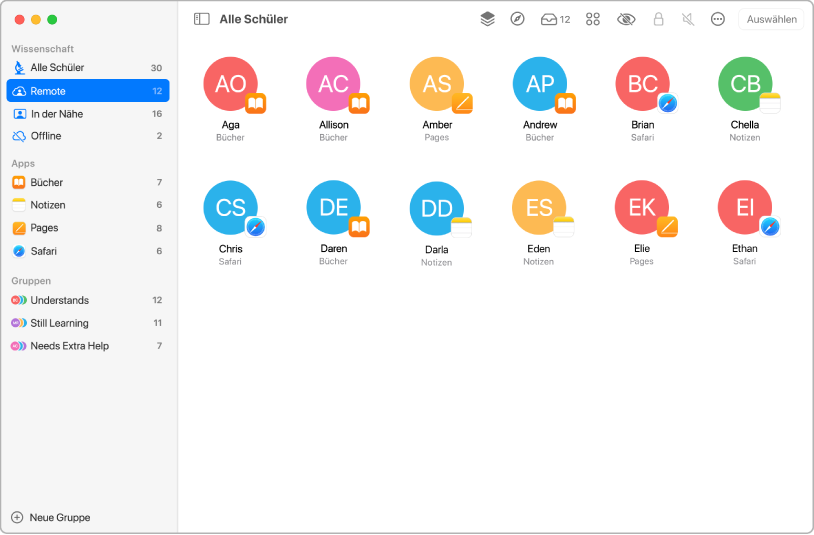 Das Fenster „Classroom“ zeigt ausgewählte Schüler, die per Fernzugriff arbeiten.