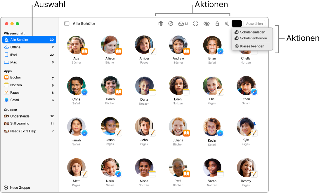 Das Hauptfenster der App „Classroom“ auf einem Mac mit ausführbaren Aktionen am oberen Bildschirmrand.