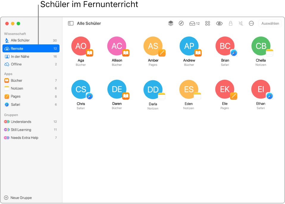 Ein Bildschirmfoto zeigt mehrere Schüler im Fernunterricht, die alle unterschiedliche Apps verwenden.