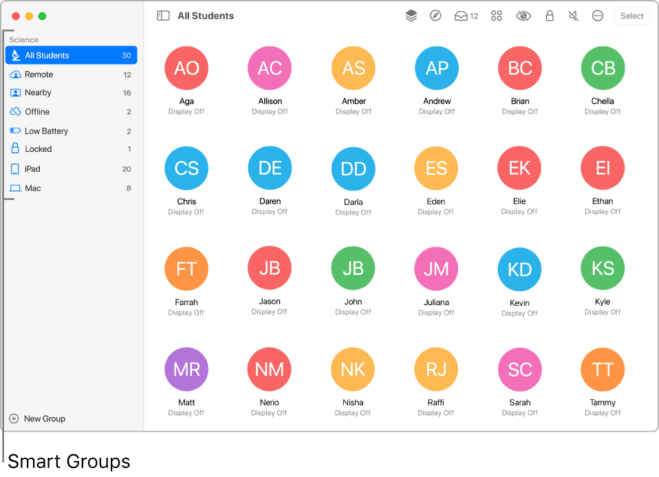 The main Classroom window showing various Smart groups in the sidebar.