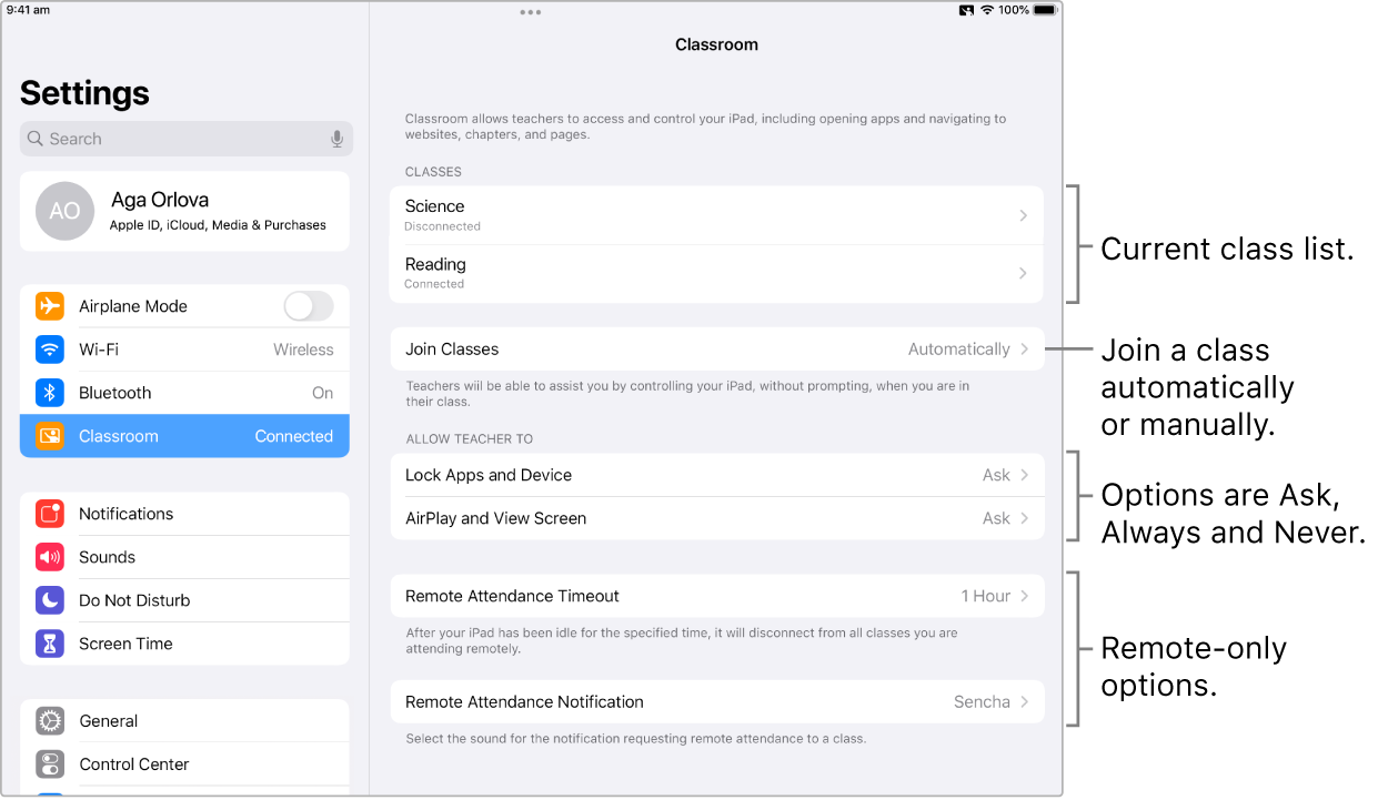 Students’ view of Classroom settings that are available to them.