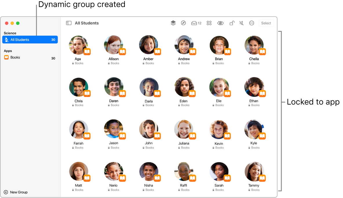 The Classroom window showing a group of students “locked” to an app.
