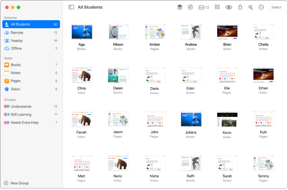 A Classroom window showing the Screens button selected in the row of actions and a selected group showing screens that can now be viewed.