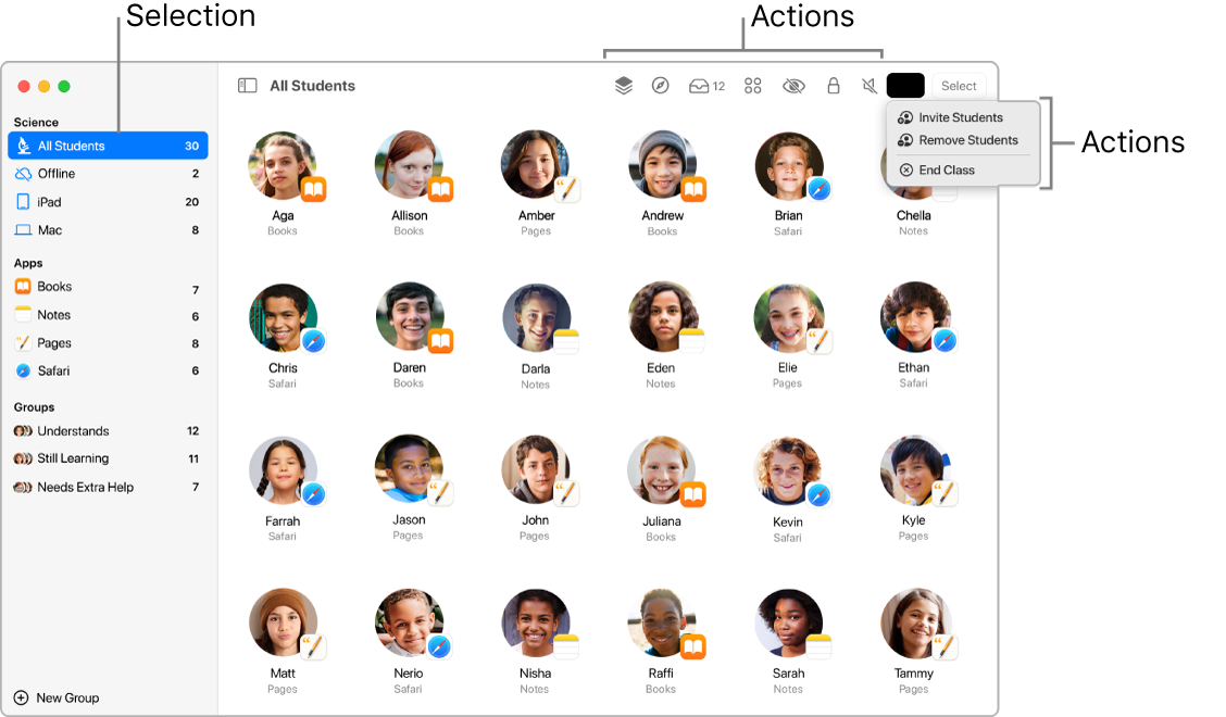 The main Classroom window on Mac, showing actions you can perform near the top of the window.