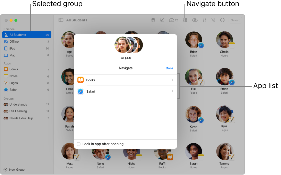 A Classroom window highlighting the Navigate button and a selected group of students. The Navigate pane shows two destinations — Books and Safari.