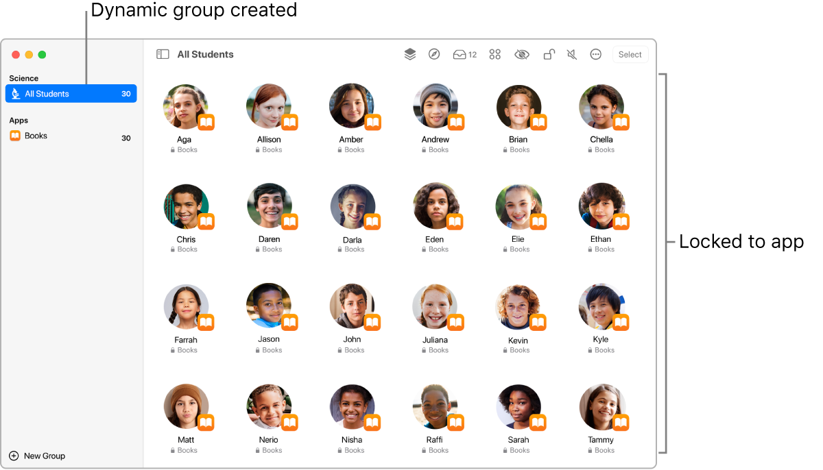 The Classroom window showing a group of students “locked” to an app.