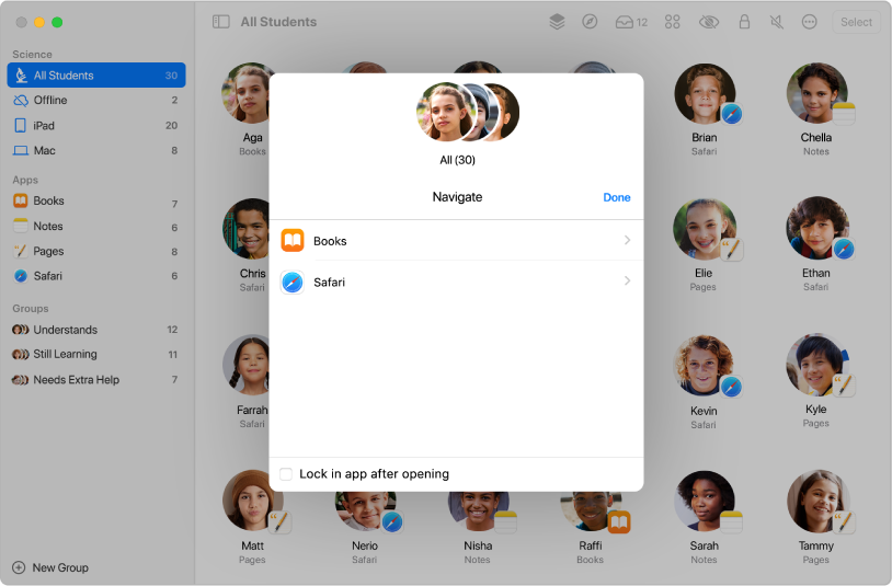 The Classroom window’s Navigate pane showing a group of selected students and above it two destinations to choose from — Books and Safari.