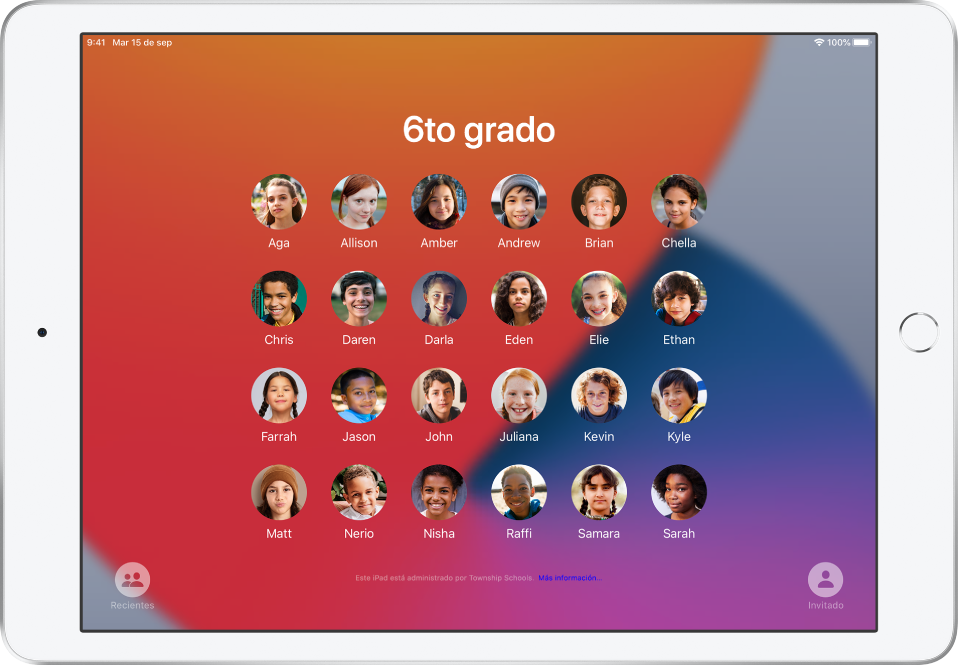 Pantalla de un “iPad compartido” mostrando estudiantes.