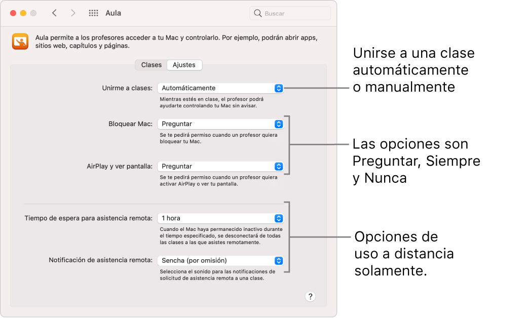 Vista de los permisos de Aula disponibles para los alumnos.