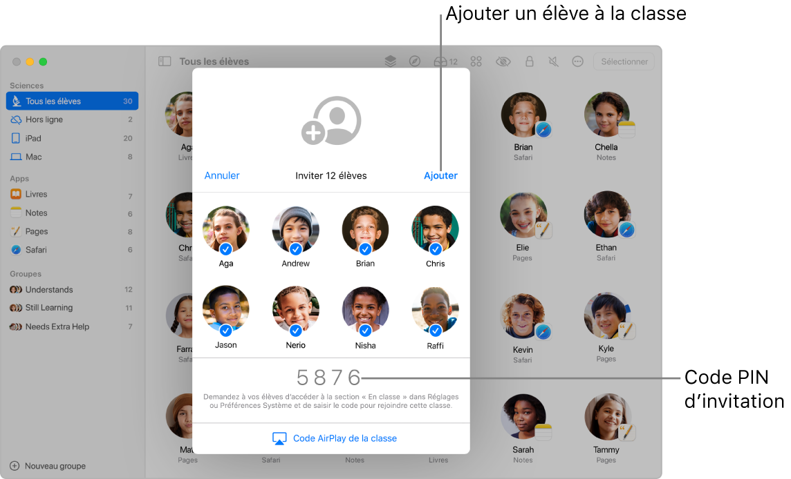Fenêtre En Classe montrant des élèves étant invités à rejoindre une classe et le code d’invitation permettant cette opération.