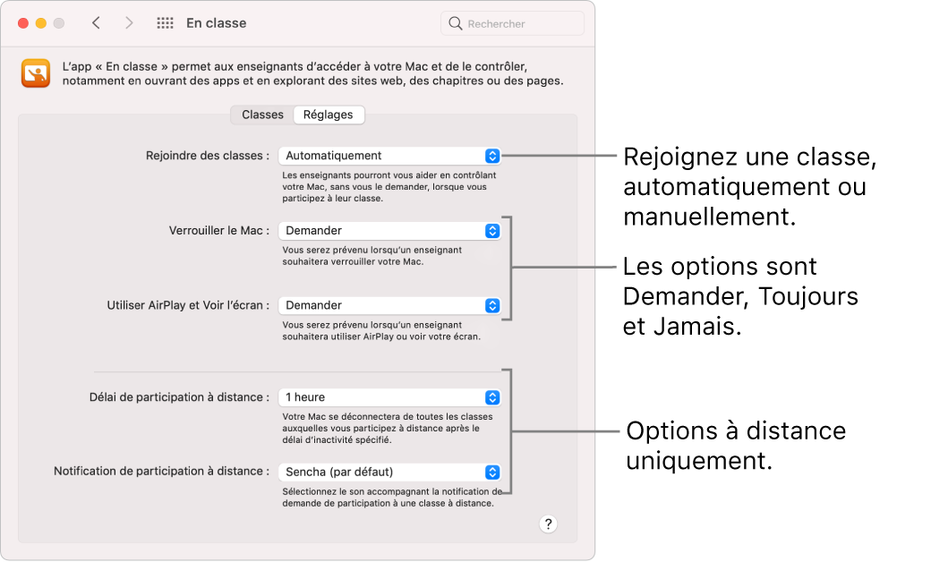 Affichage par les élèves des autorisations d’En classe qui leur sont accessibles.