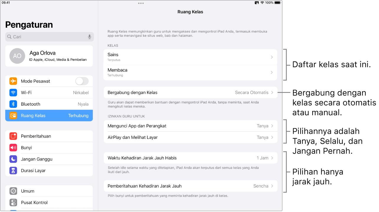 Tampilan pengaturan Ruang Kelas yang tersedia dan dapat dilihat murid.