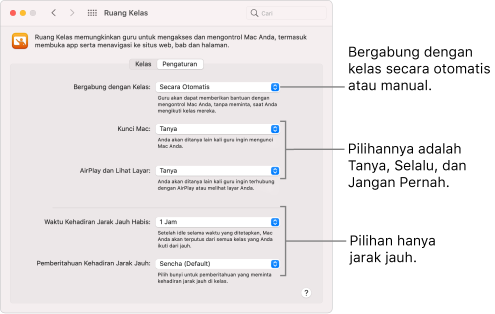 Tampilan izin Ruang Kelas murid yang tersedia bagi mereka.