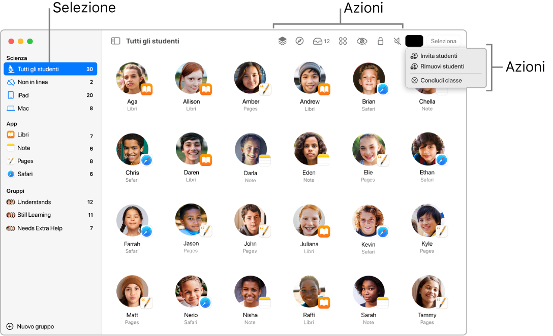 La finestra principale di Classroom sul Mac, che mostra vicino alla parte superiore dello schermo le azioni che puoi eseguire.