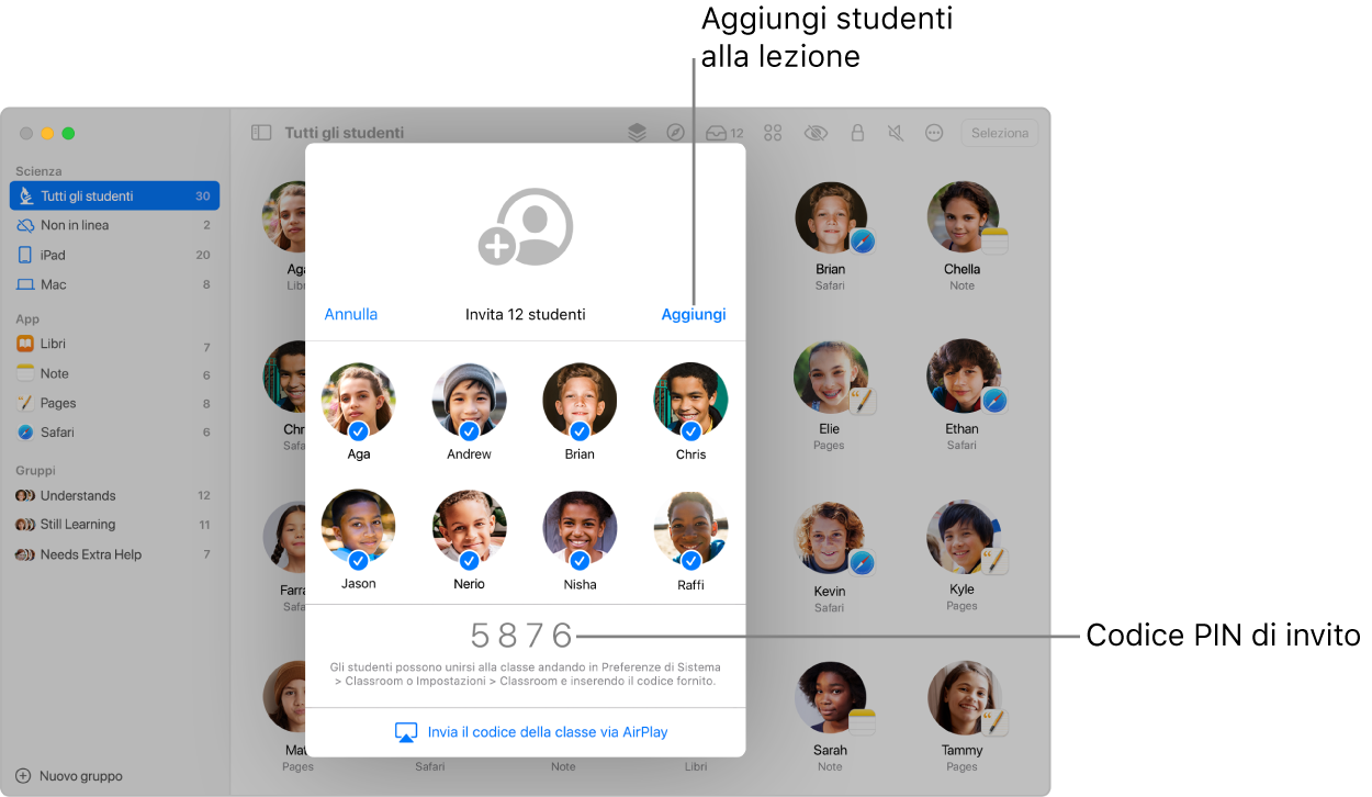 Lo schermo di Classroom che mostra gli studenti invitati a partecipare a una classe e il codice d'invito usato per partecipare.
