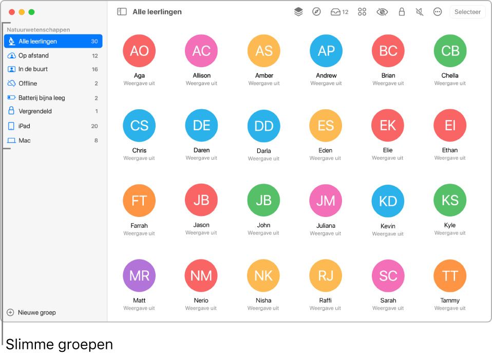 Het hoofdvenster van Klaslokaal met in de navigatiekolom verschillende slimme groepen.