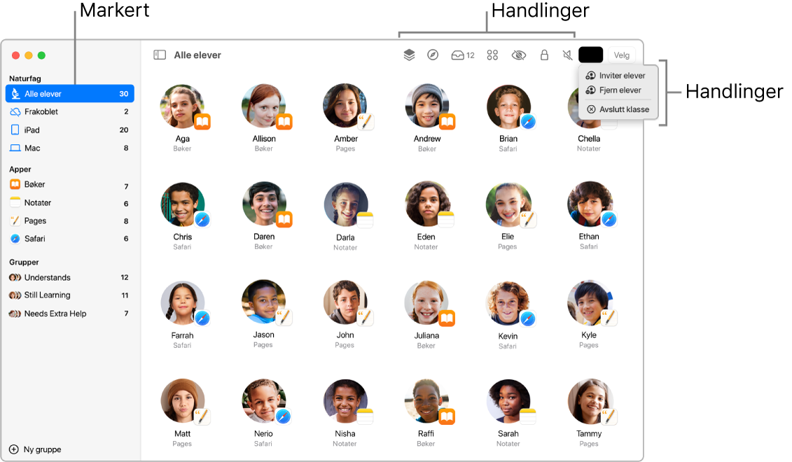 Hovedvinduet for Klasserom på Mac som viser handlinger du kan utføre, nesten øverst i vinduet.