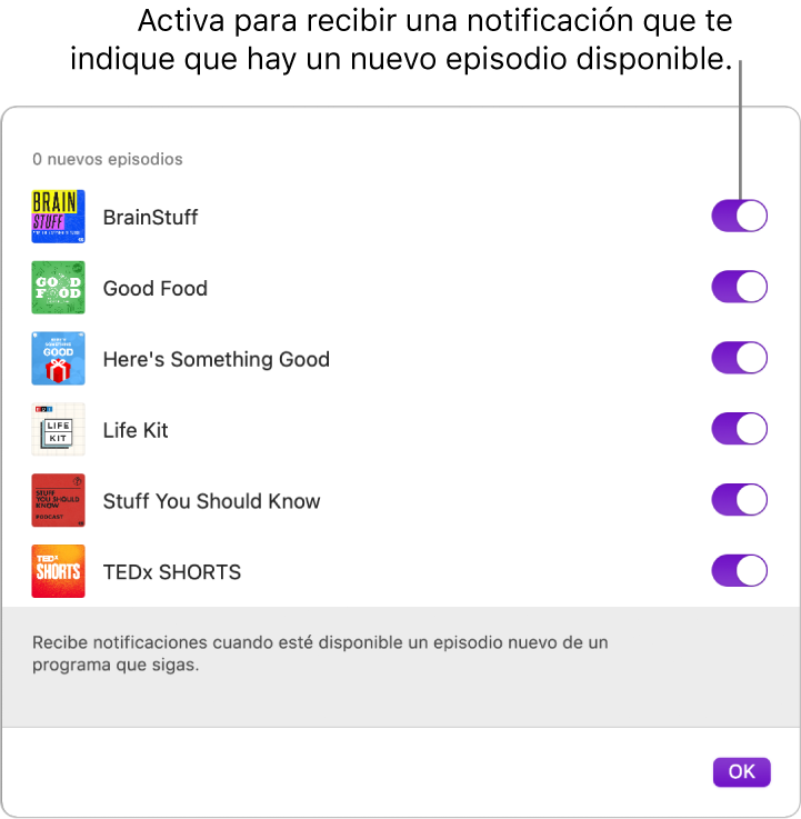 La ventana de notificaciones. Haz clic en el interruptor para recibir una notificación cuando haya un nuevo episodio disponible.