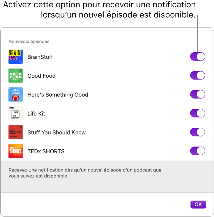 La fenêtre des notifications. Cliquez sur le bouton pour recevoir une notification lorsqu’un nouvel épisode est disponible.