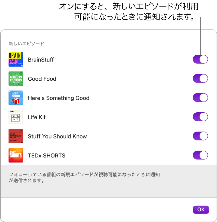 通知ウインドウ。スイッチをクリックして、新しいエピソードが公開されたときに通知を送信します。
