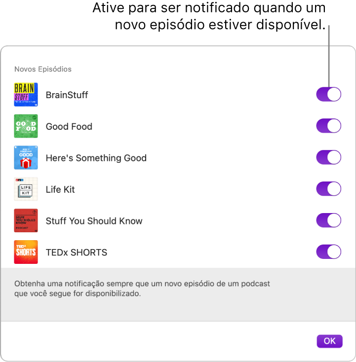 A janela de notificações. Clique no botão para obter uma notificação quando um novo episódio ficar disponível.