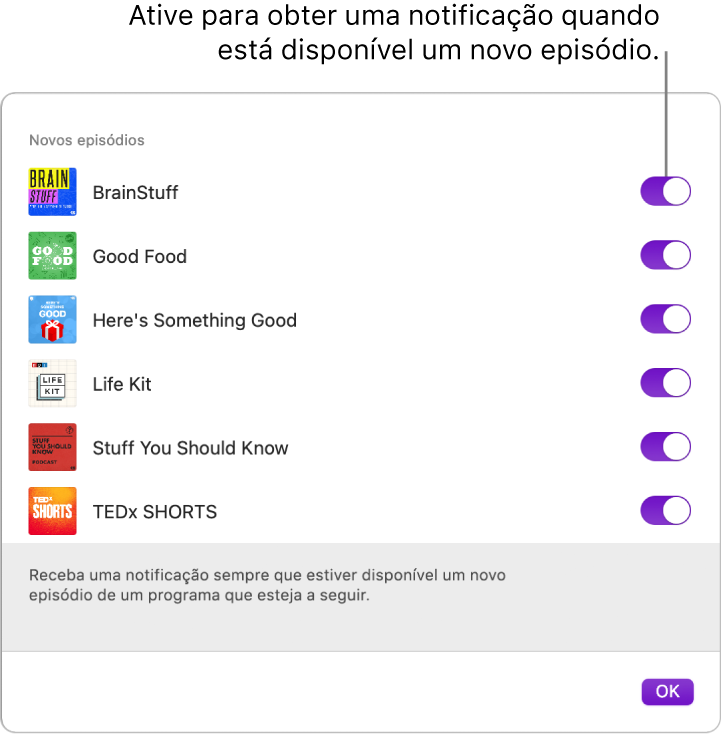 A janela de notificações. Clique no manípulo para receber uma notificação sempre que estiver disponível um novo episódio.