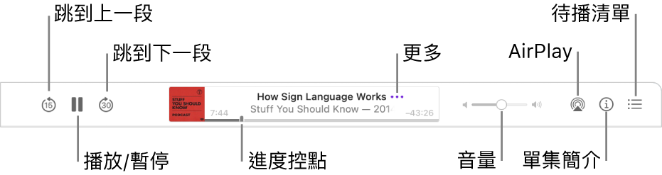 Podcast 視窗最上方顯示播放中的單集和播放控制項目：「跳到上一段」、「暫停」、「跳到下一段」、進度控點、「更多」、「音量」、AirPlay、「單集簡介」和「待播清單」。