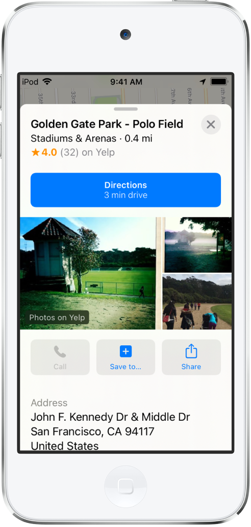 The information card for a park. A button for Directions appears near the top of the card. Photos of the park appear below the Directions button. Below the photos, from left to right, are the Call, Save to, and Share buttons. Additional information appears below the buttons, including a street address.