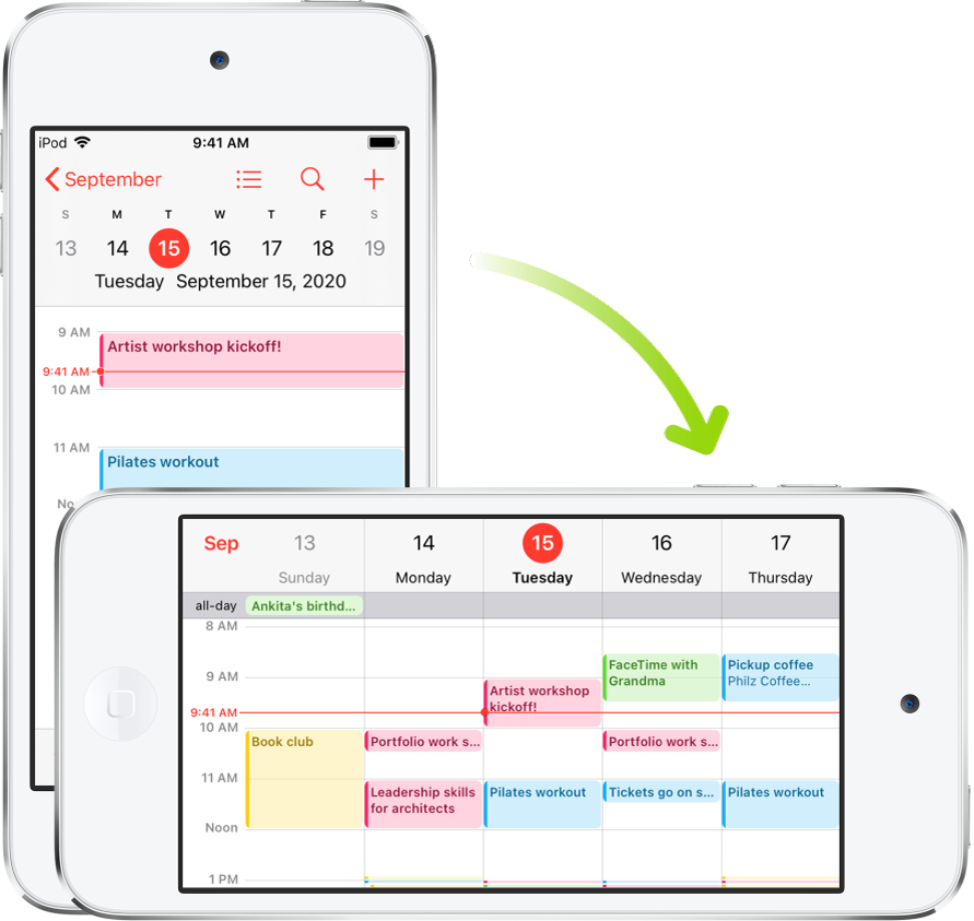 In the background, iPod touch displays a Calendar screen, showing one day’s events in portrait orientation; in the foreground, iPod touch is rotated to landscape orientation, which displays the Calendar events for the whole week containing the same day.