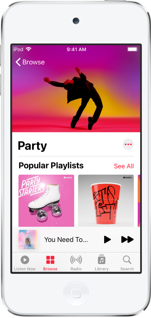 L’écran Explorer d’Apple Music affichant les playlists Soirée.