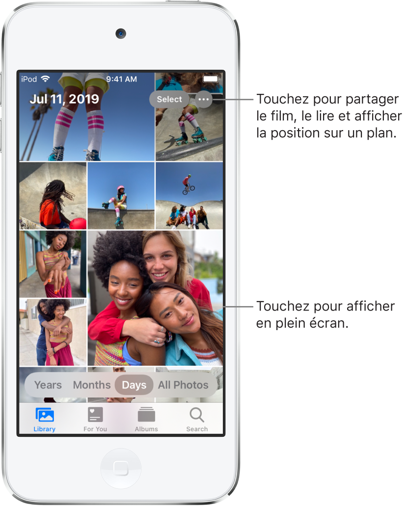 La présentation Jours de la photothèque est affichée. Une sélection de vignettes de photos remplit l’écran. En haut à gauche de l’écran se trouvent la date et l’emplacement des photos prises. En haut à droite se trouvent les boutons Sélectionner et « Plus d’options ». Sous les vignettes se trouvent des options de présentation de la photothèque : Années, Mois, Jours et « Toutes les photos ». En bas se trouvent les onglets Photothèque, « Pour vous », Albums et Rechercher.