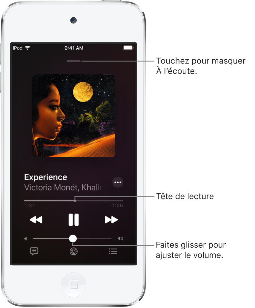 L’écran À l’écoute avec l’illustration de l’album. En dessous se trouvent le titre du morceau, le nom de l’artiste, le bouton Plus, la tête de lecture, les commandes de lecture, le curseur de volume, le bouton Paroles, le bouton « Destination pour la lecture » et le bouton « File d’attente ». Le bouton pour masquer À l’écoute se trouve en haut.