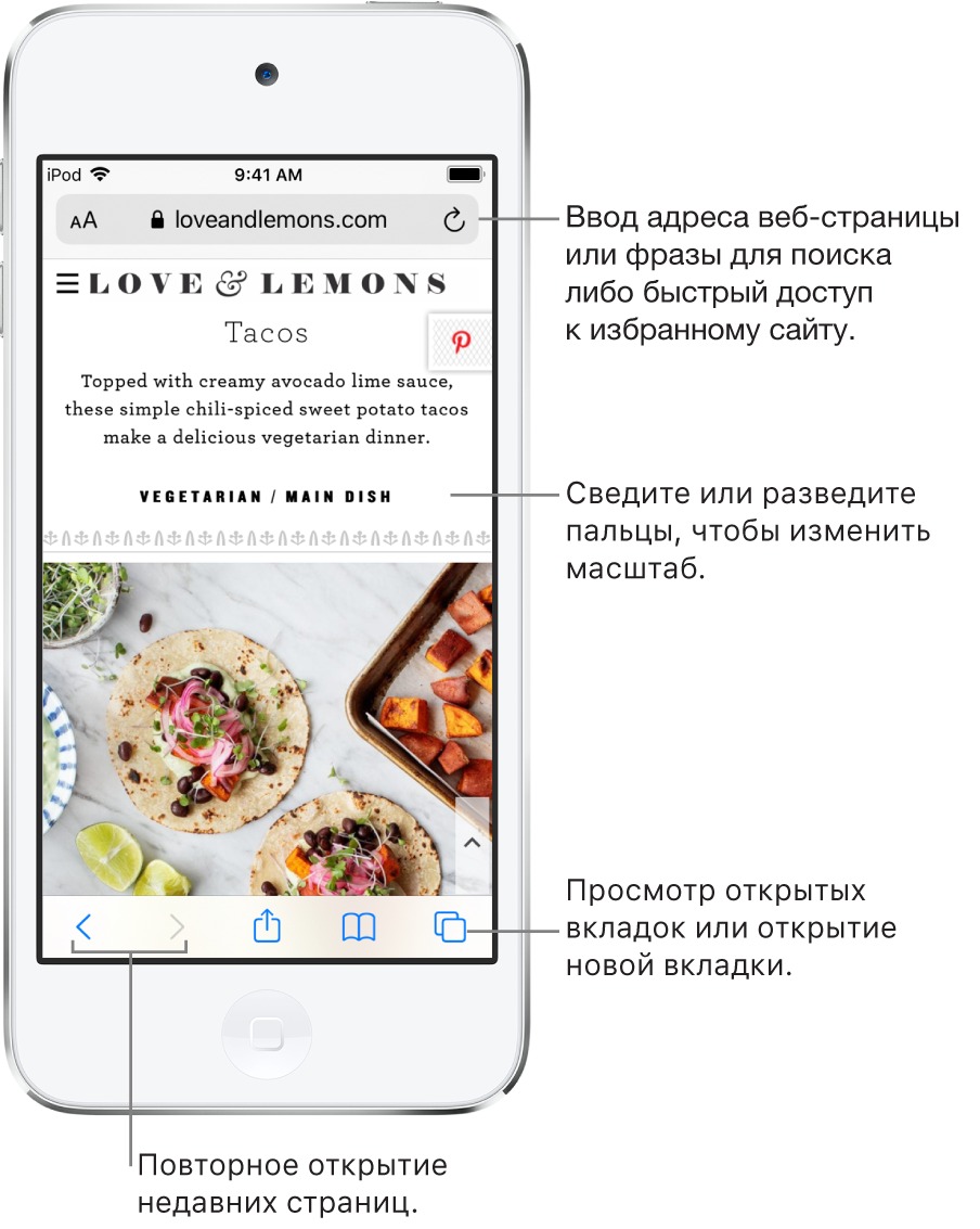 Веб-сайт, открытый в Safari, с полем адреса в верхней части экрана. Вдоль нижнего края слева направо расположены кнопки «Назад», «Вперед», «Поделиться», «Закладки» и «Страницы».