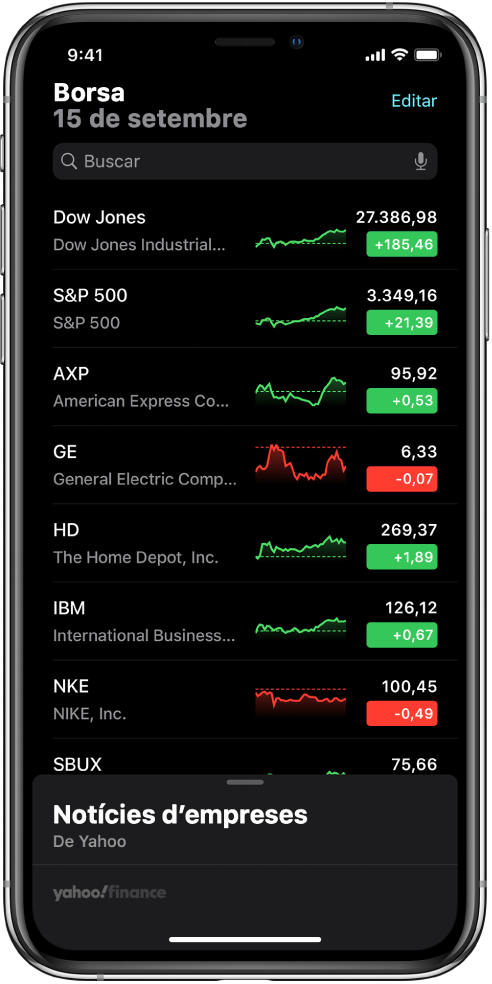 Llista de favorits que mostra un llistat de les diferents accions. Cada acció de la llista mostra, d’esquerra a dreta, el símbol i el nom de l’acció, un gràfic de rendiment, el preu de l’acció i la variació del preu. A la part superior de la pantalla, a sobre de la llista de favorits, hi ha el camp de cerca. A sota de la llista de favorits hi ha notícies empresarials. Fes lliscar l’opció de notícies empresarials cap amunt per mostrar els articles.