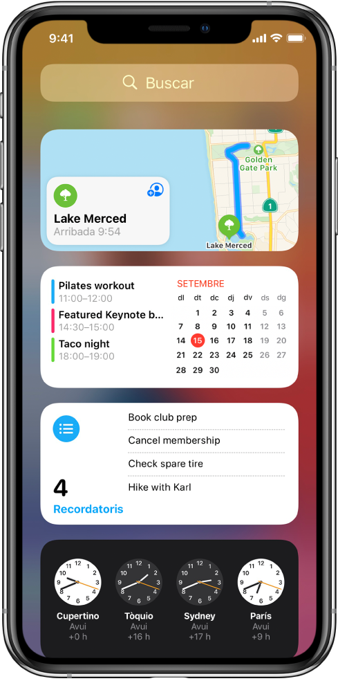 Widgets de la vista Avui a l’iPhone, inclosos els de Mapes, Calendari, Recordatoris i Rellotge.