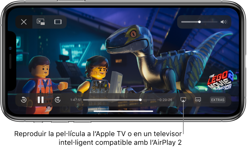 Reproducció d’una pel·lícula en curs a la pantalla de l’iPhone. A la part inferior de la pantalla hi ha els controls de reproducció, inclòs el botó “Duplicar pantalla” a prop de la part inferior dreta.