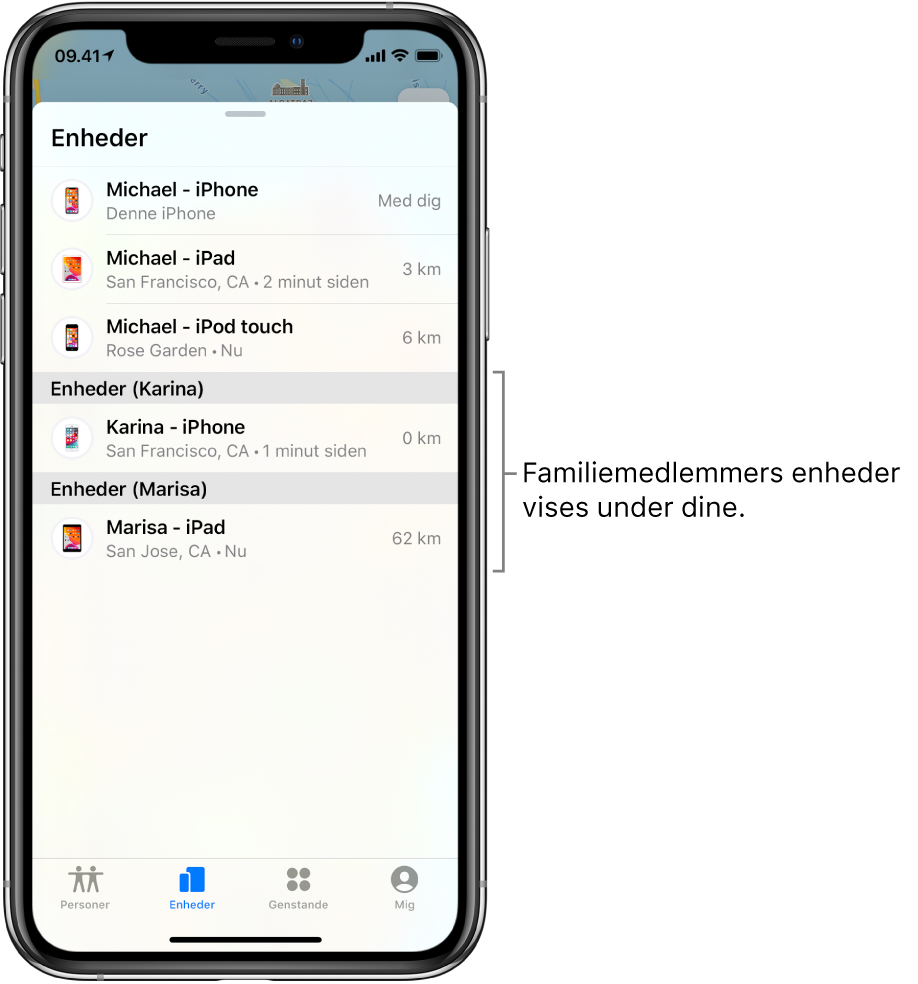 Fanen Enheder i Find. Michaels enheder står øverst på listen. Derunder står Karinas iPhone og Marisas iPad.