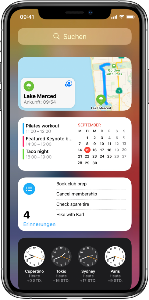 Das Widget „Karten“ und drei andere Widgets auf einem iPhone-Bildschirm.