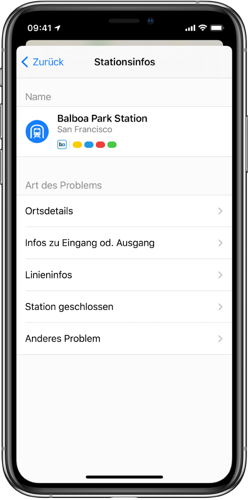 Anzeige zum Melden falscher Angaben für eine ÖPNV-Station. Folgende Optionen stehen für die Problemmeldung zur Verfügung: „Ortsdetails“, „Infos zu Eingang oder Ausgang“, „Linieninfos“, „Station geschlossen“ und „Anderes Problem“.