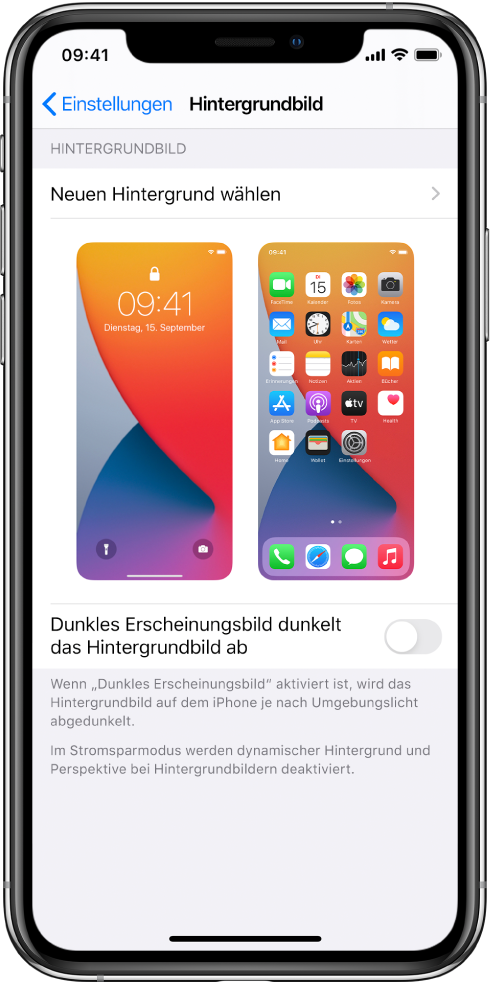 Der Bildschirm mit den Einstellungen für den Hintergrund mit der Taste zum Auswählen eines neuen Hintergrundbilds oben und den Darstellungen des Sperr- und des Home-Bildschirms mit ihren aktuellen Hintergrundbildern.