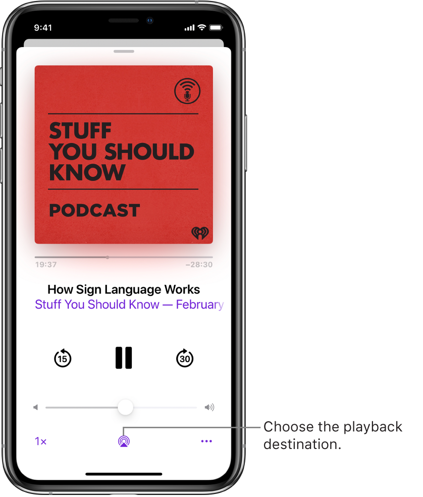 The playback controls for a podcast, including the Playback Destination button at the bottom of the screen.