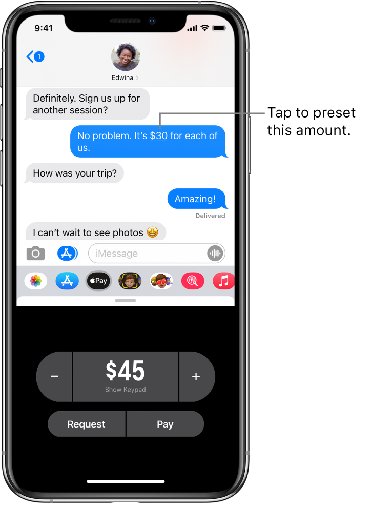 An iMessage conversation with the Apple Pay app open at the bottom.