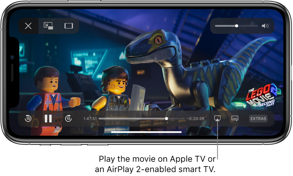 A movie playing on the iPhone screen. At the bottom of the screen are the playback controls, including the Screen Mirroring button near the bottom right.