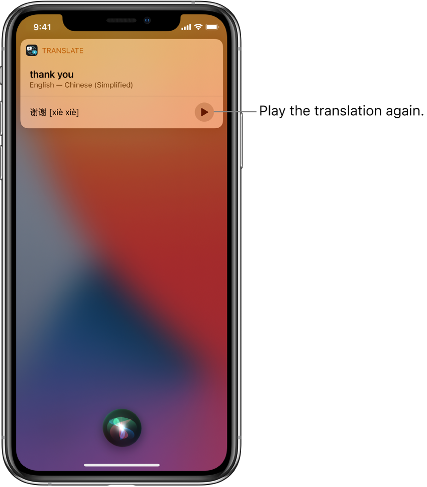 Siri displays a translation of the English phrase “thank you” into Mandarin. A button to the right of the translation replays audio of the translation.