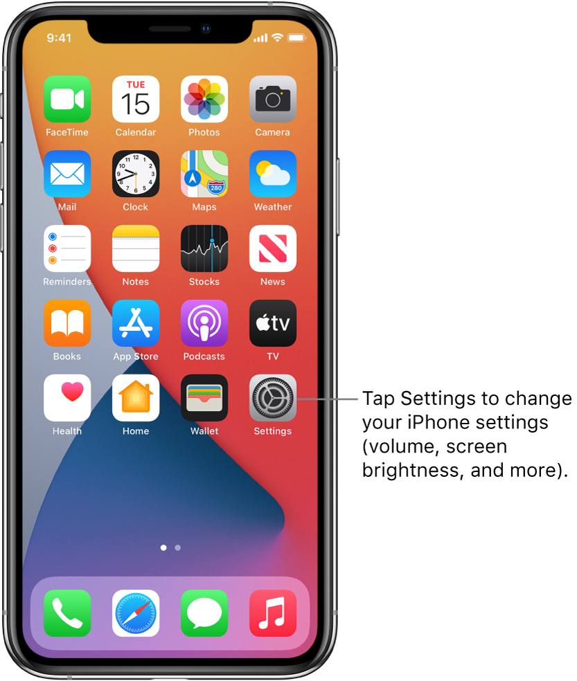 The Home Screen with several app icons, including the Settings app icon, which you can tap to change your iPhone sound volume, screen brightness, and more.