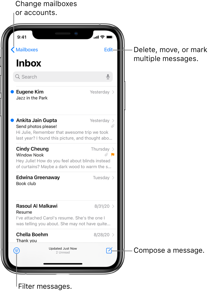 The Inbox, showing a list of emails. The Mailboxes button for switching to another mailbox is in the top-left corner. The Edit button for deleting, moving, or marking emails is in the top-right corner. The button for filtering emails so only certain kinds of emails show is in the bottom-left corner. The button for composing a new email is in the bottom-right corner