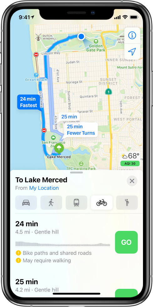 A map showing multiple cycling routes. The route card on the bottom provides details for the first route, including estimated time, elevation changes, and the types of roads. A Go button appears next to the route description.