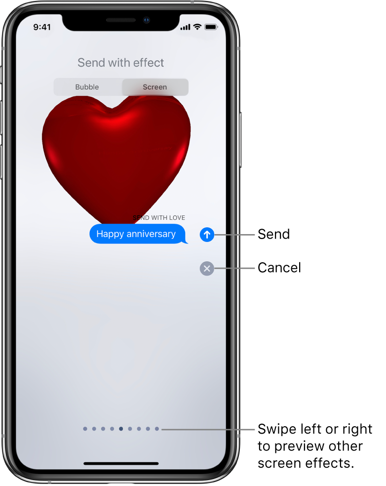 A message preview showing a full-screen effect with a red heart.