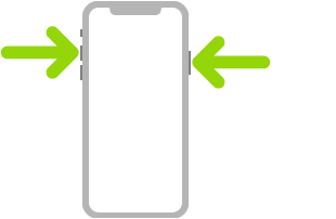 An illustration of iPhone with arrows pointing to the side button on the upper right and the volume up button on the upper left.