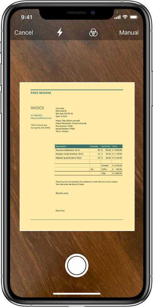 A screen showing a document being scanned. The Take Picture button is at the bottom center.